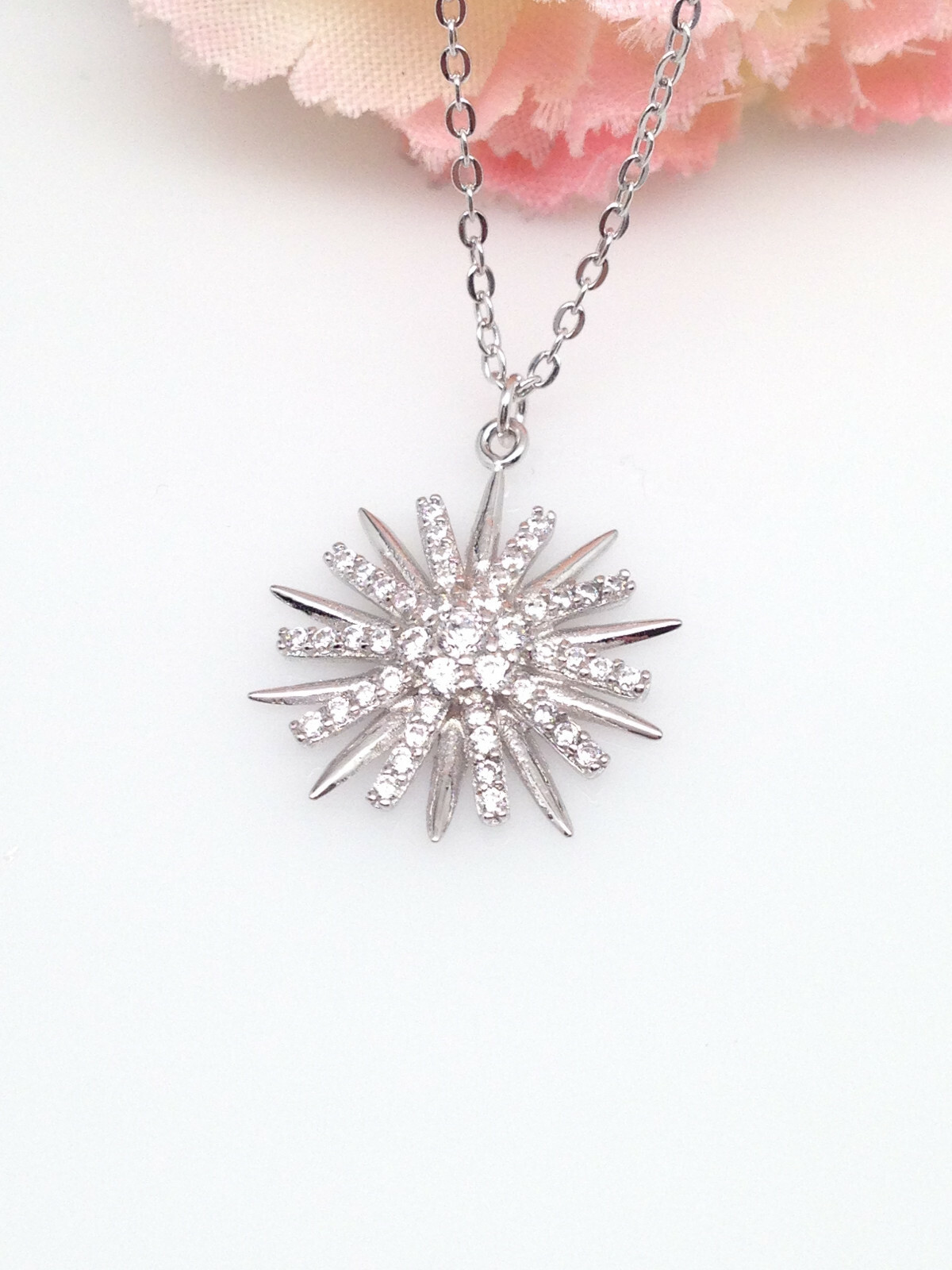 925 Sterling Silver 15mm Cz Sunburst Pendant Necklace Sun Starburst 16-18″