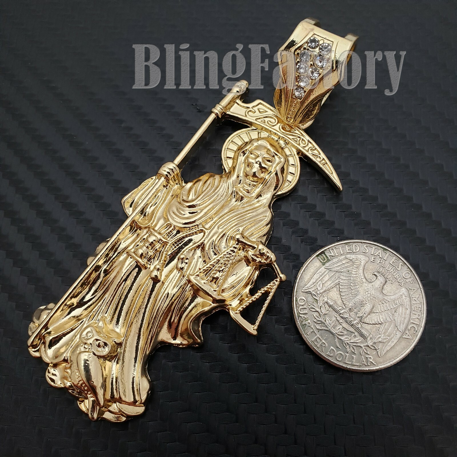 HIP HOP GOLD PLATED ALLOY CUBIC ZIRCONIA SAINT DEATH SANTA MUERTE CHARM PENDANT