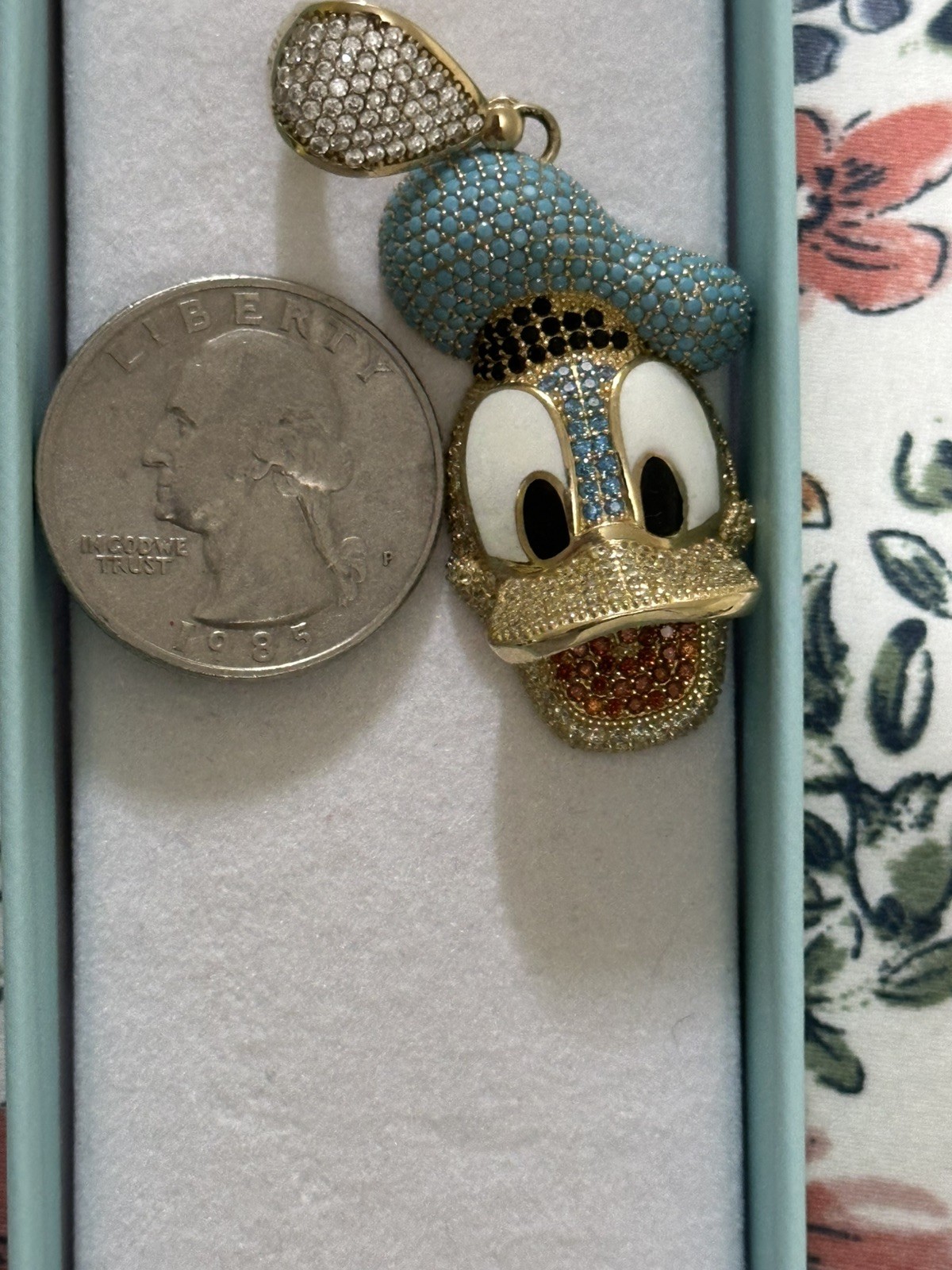 10K Necklace and Blue Donald Duck Charm Pendant Spring Ring 24″ length with 3mm