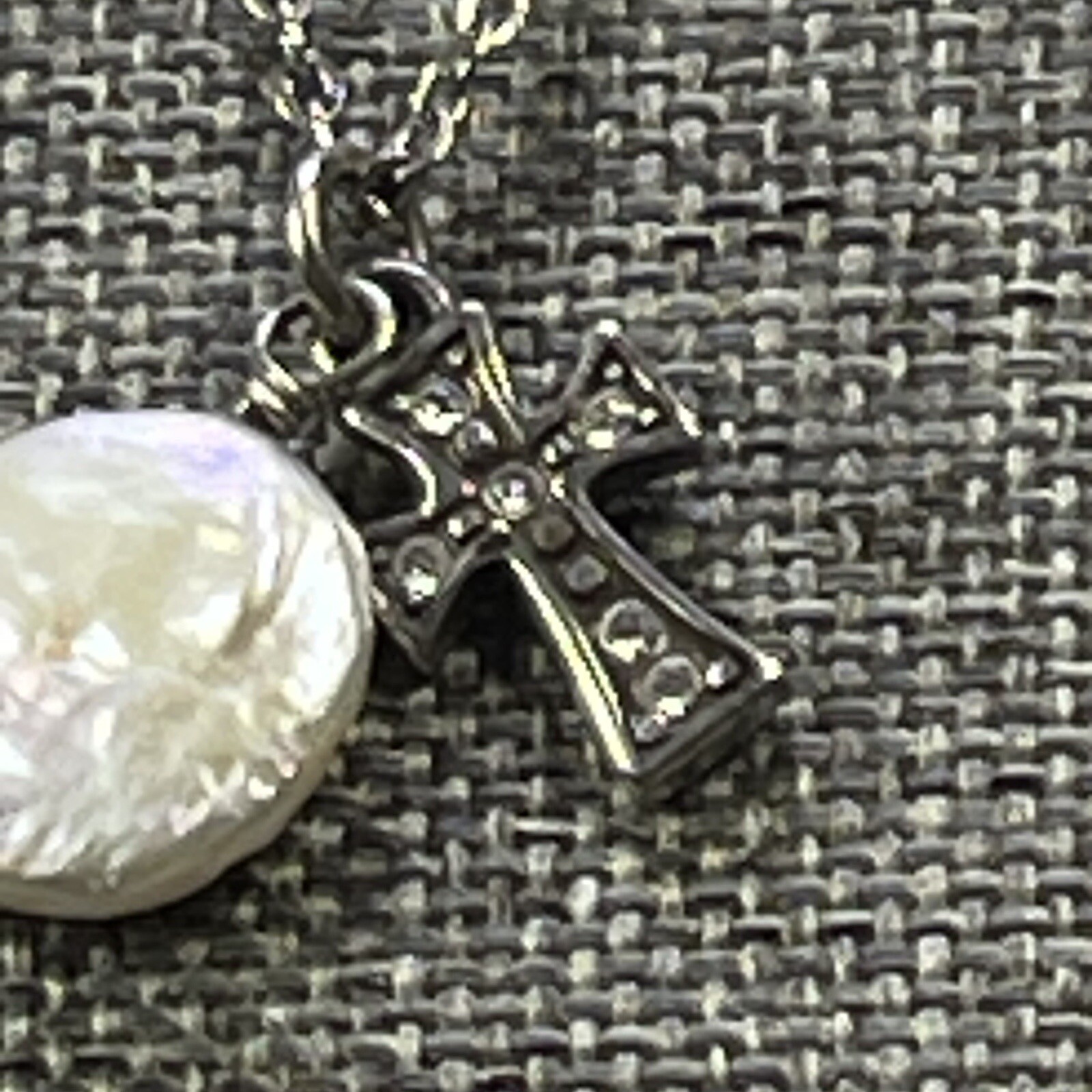 Brighton MARGARITA CROSS Silver Crystal Pearl Disc Pendants Necklace,