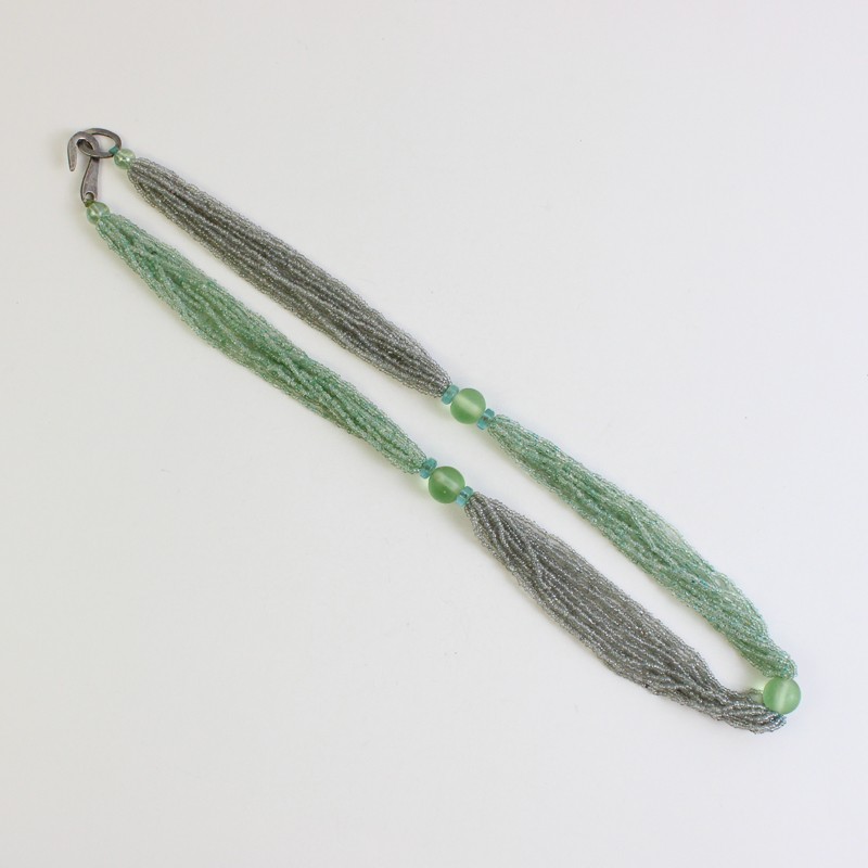 Green and Colorless Glass Multi-Strand Beaded Necklace Hook and Eye Closure 32″