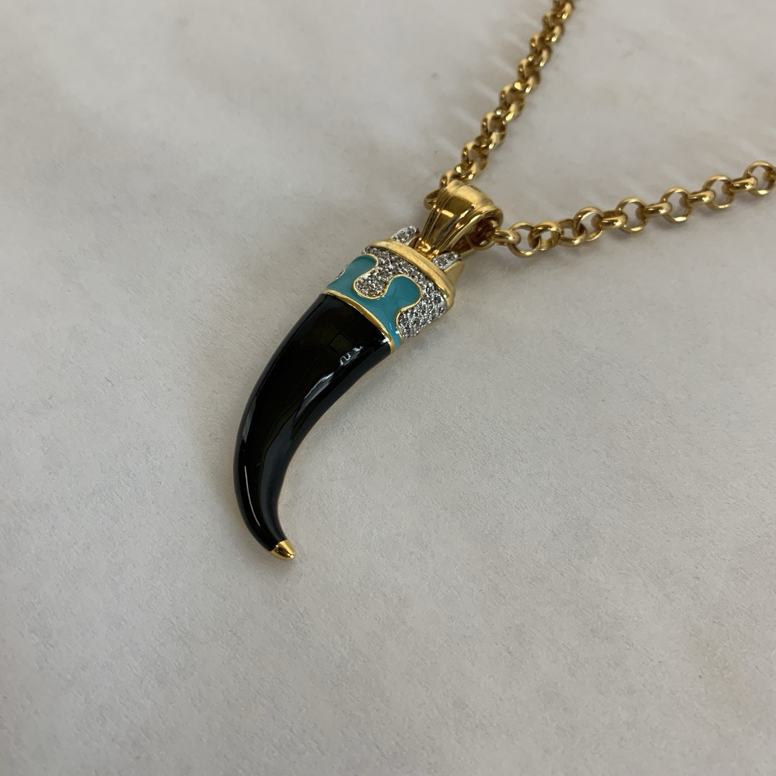 RJM Gold Tone Necklace Black Horn Pendant Blue Accents Unisex Adult