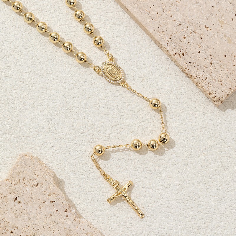 Men’s 6mm Bead Rosary Gold Plated Virgin Mary & Jesus Cross pendant Necklace