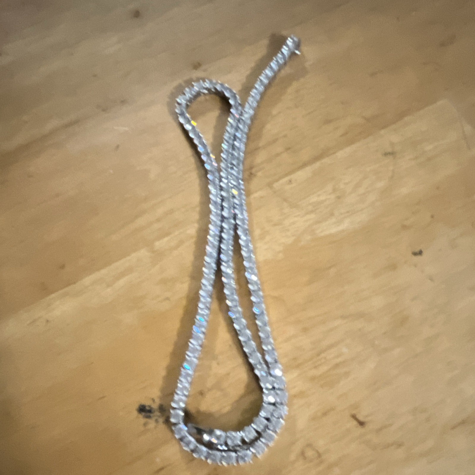 Silver Tone Tennis Chain Necklace, Clear Round Rhinestones, Prong Set Metal