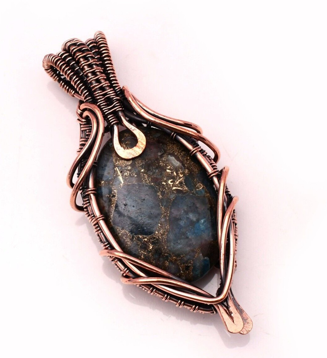 Copper Neon Apatite Pendant Copper Wire Wrapped Handmade Jewelry Pendant 2.15″