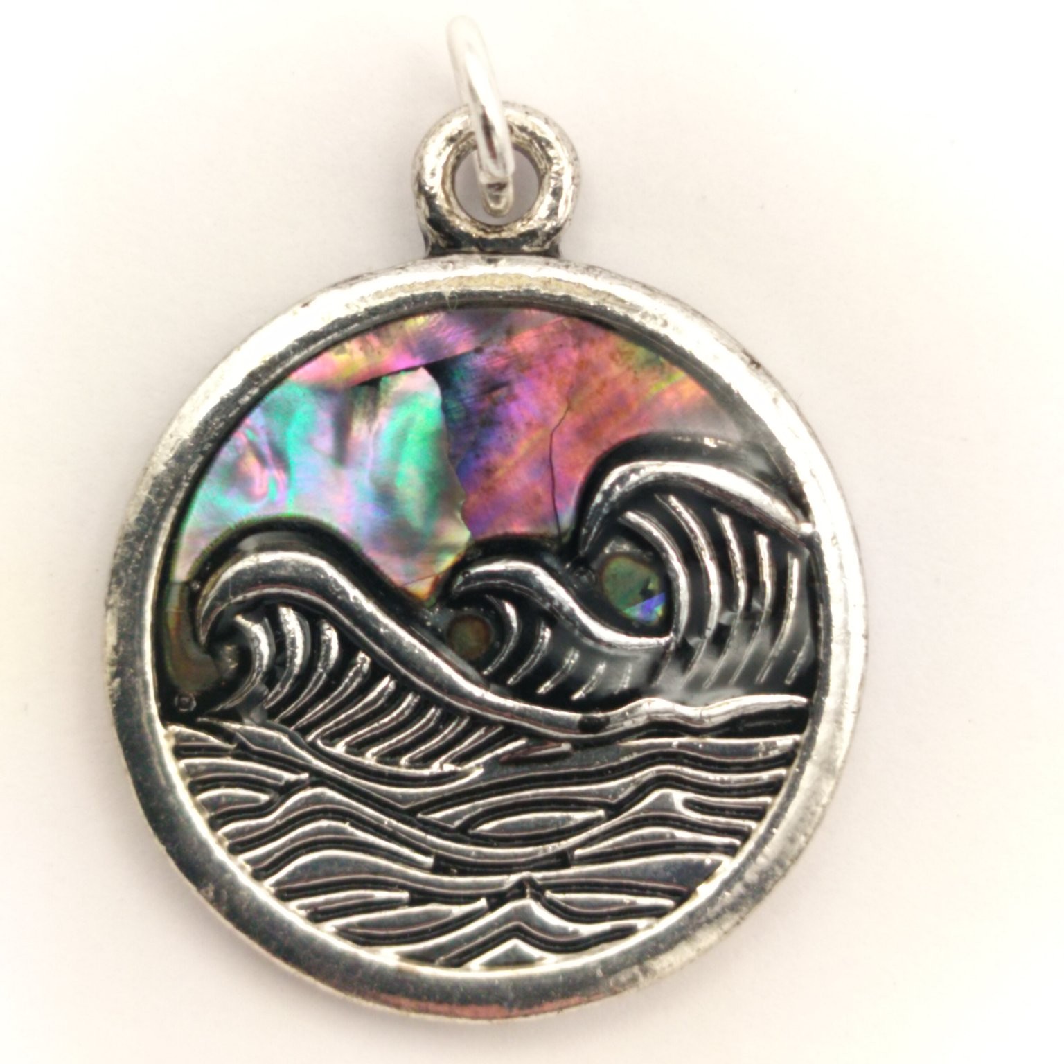 Ocean Wave Pendant Charm ~22mm Abalone Inlay Silver Tone Nautical Beach Surf