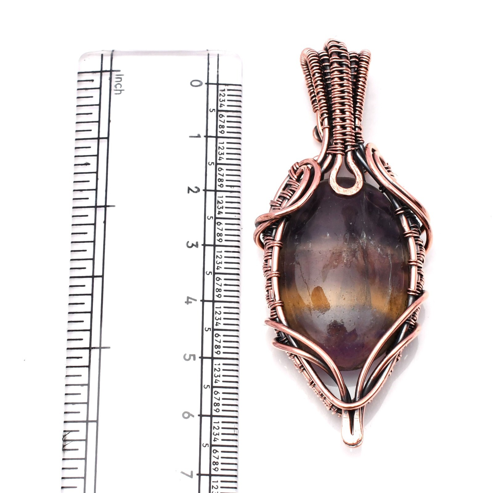Natural Fluorite Pendant Copper Wire Wrapped Handmade Jewelry Pendant 2.15″