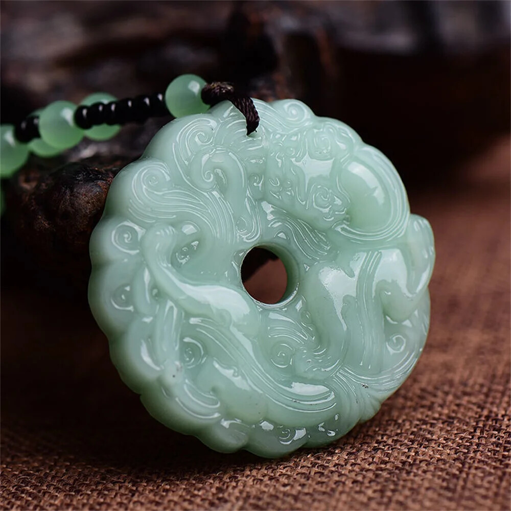 Green Jade Hand-Carved Dragon Hollow Jade Pendant Necklace Chinese Amulet