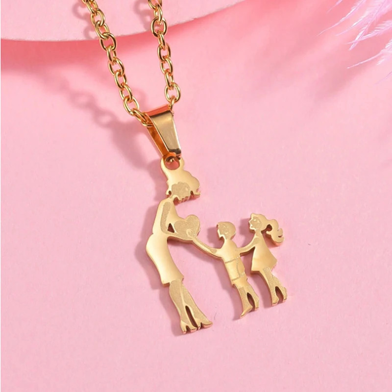 Mother Child Heart Necklace Stainless Steel Family Figure Pendant Jewelry