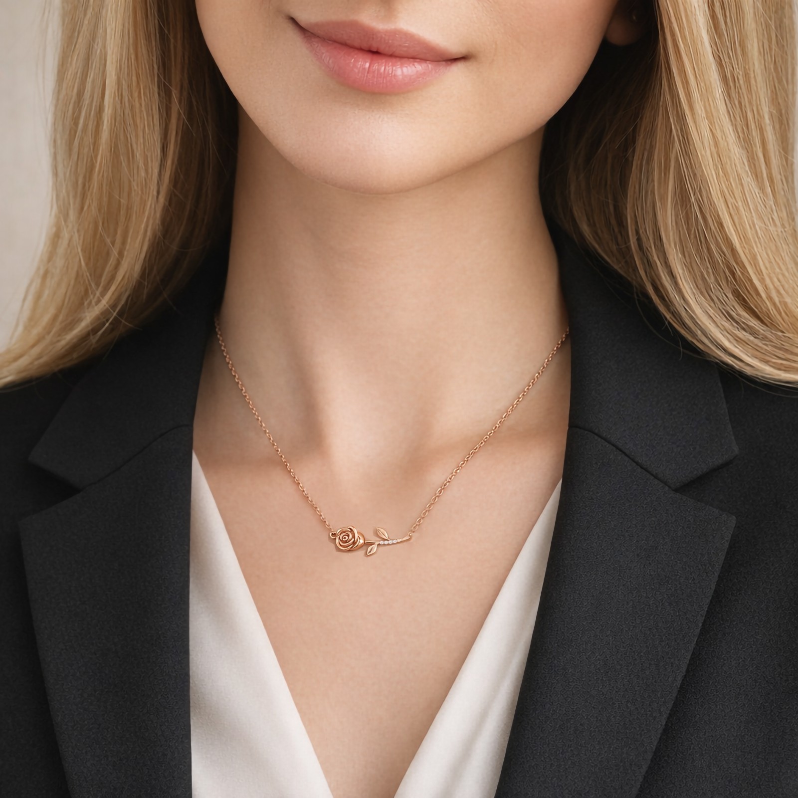 Rose Gold Rose Flower Necklace CZ Accent Elegant Women Gift