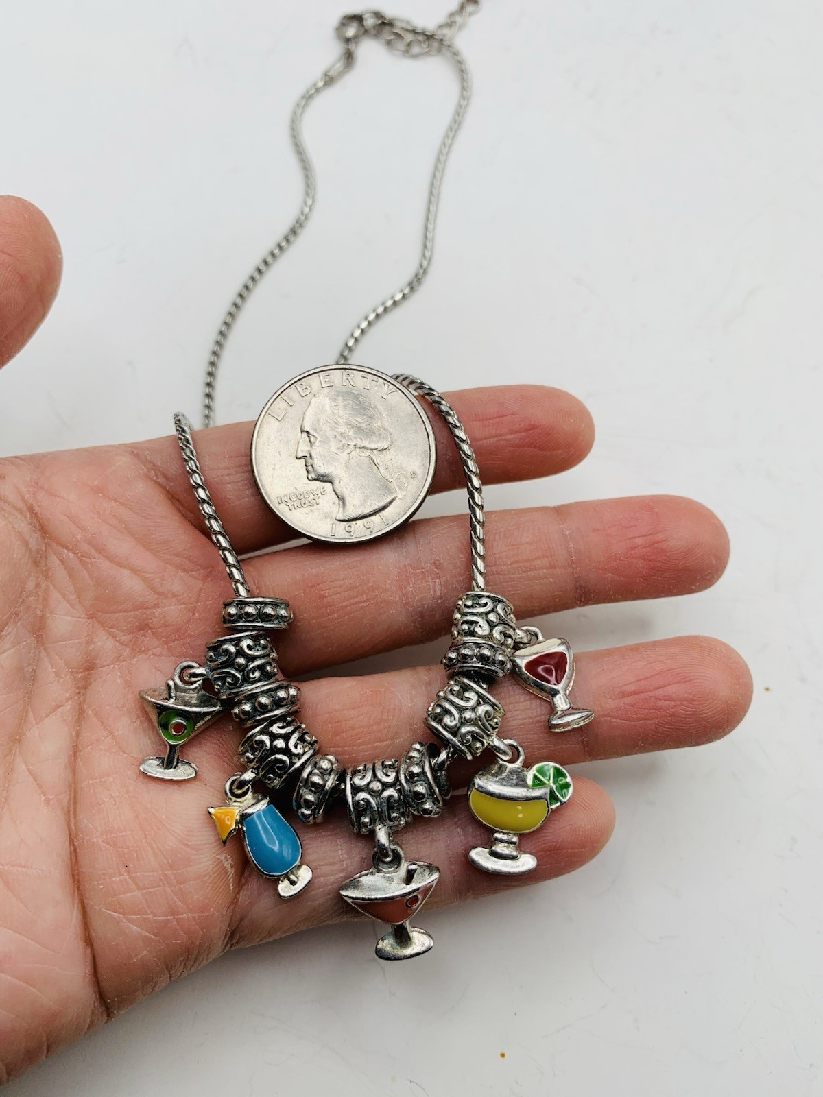 Fun Flirty Colorful Enamel Cocktails Margaritas Summer Drinks Charm 18” Necklace