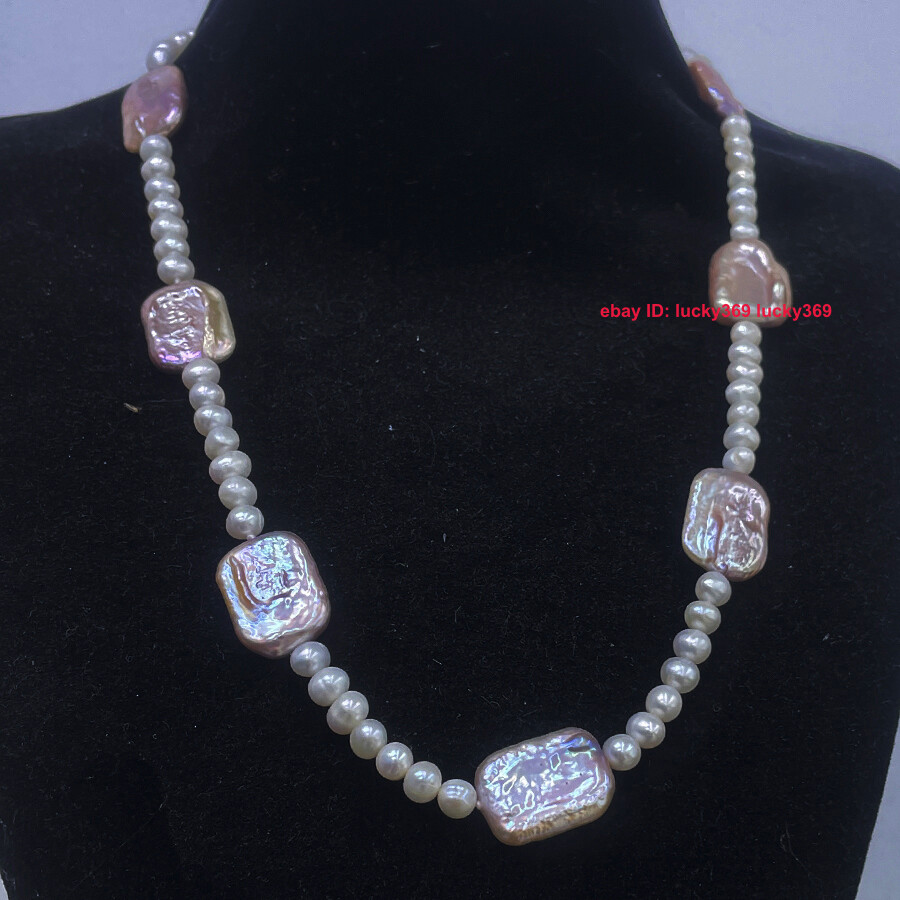 7-8mm White &15x20mm Colorful Freshwater Baroque Rectangle Pearl Necklace 18-28″