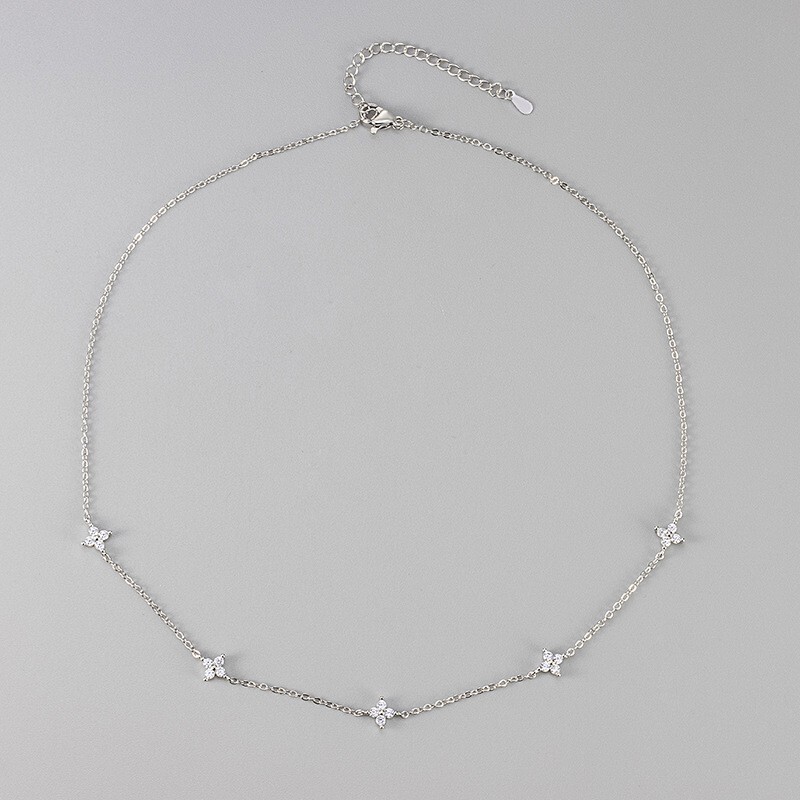 Chic Women Sterling Silver Plated Station Clover Choker Chain Necklace 16+2″ B10