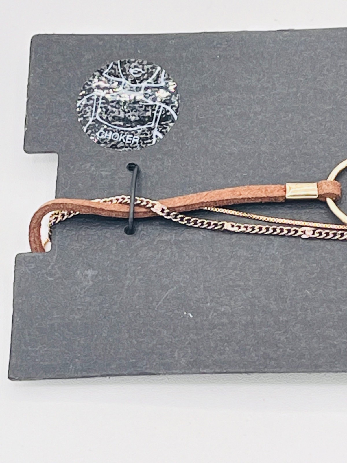 Brown Faux Leather & Gold-Tone Chain Circle Pendant Choker Necklace | Festival