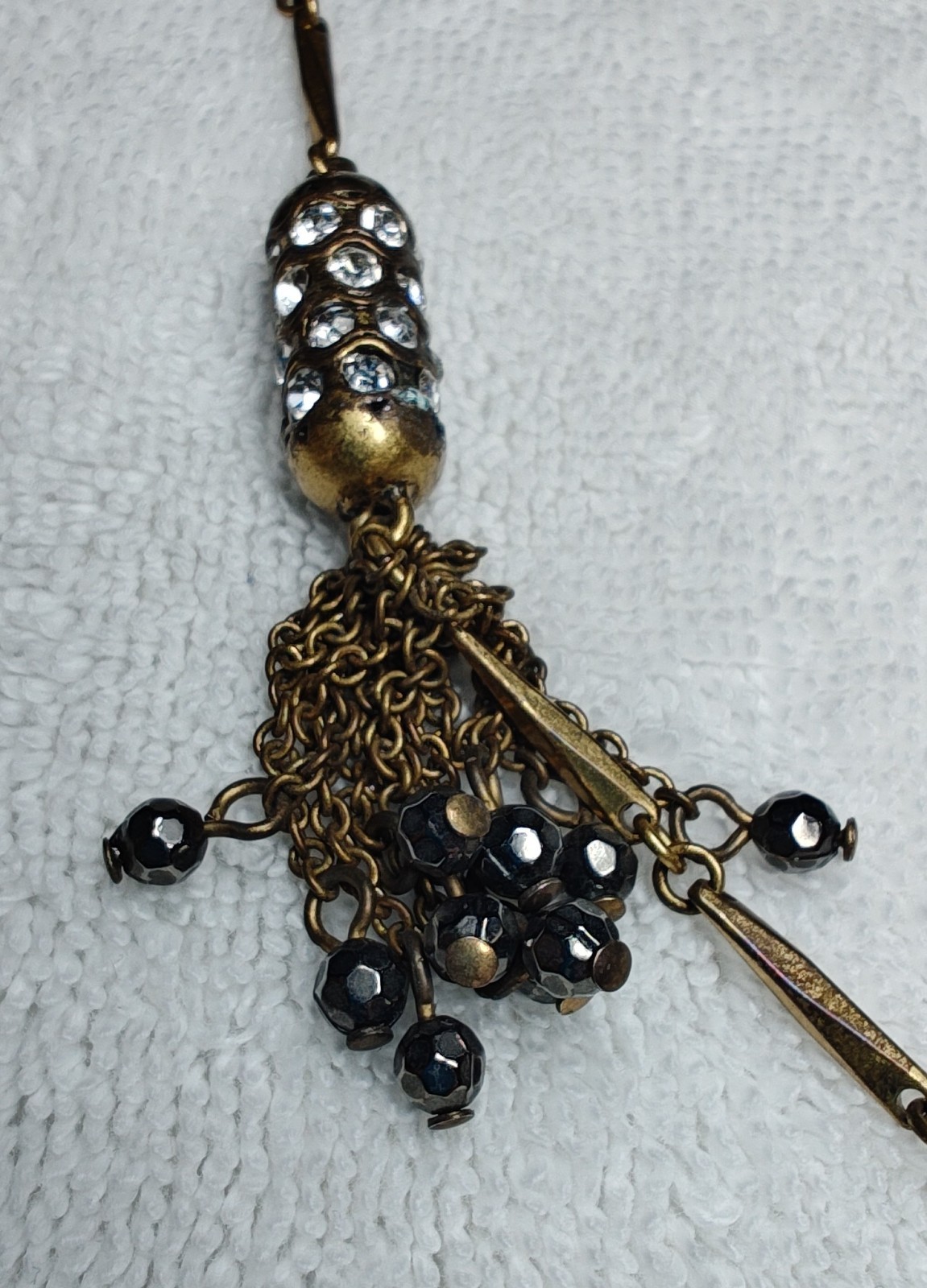 J Crew Brass Crystal Lariat Necklace Black Beads Round Rhinestone Tassel Pendant