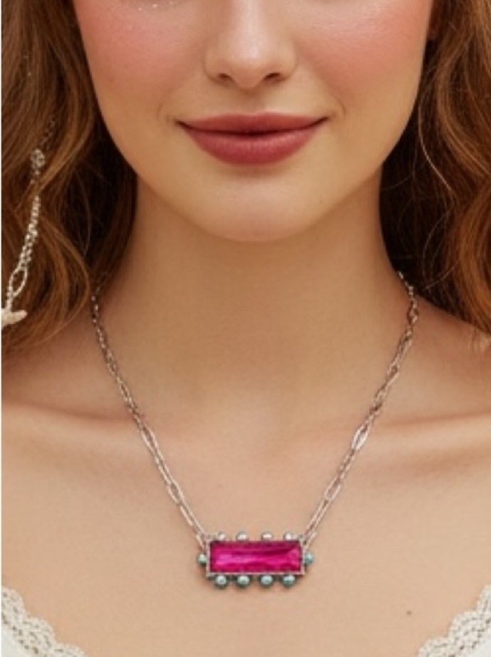 Boho Retro Hot Pink Bling & Turquoise Paperclip Necklace Glam Cowgirl Coquette