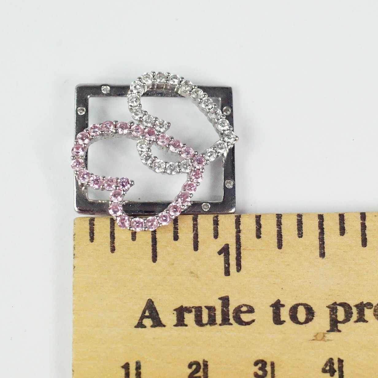 Sterling Silver Pink Ice And Clear Colorless CZ Hearts In Rectangle Pendant