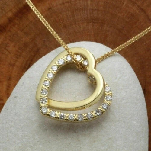 Elegant Heart Pendant Necklace Round Simulated Diamond 14K Yellow Gold Plated