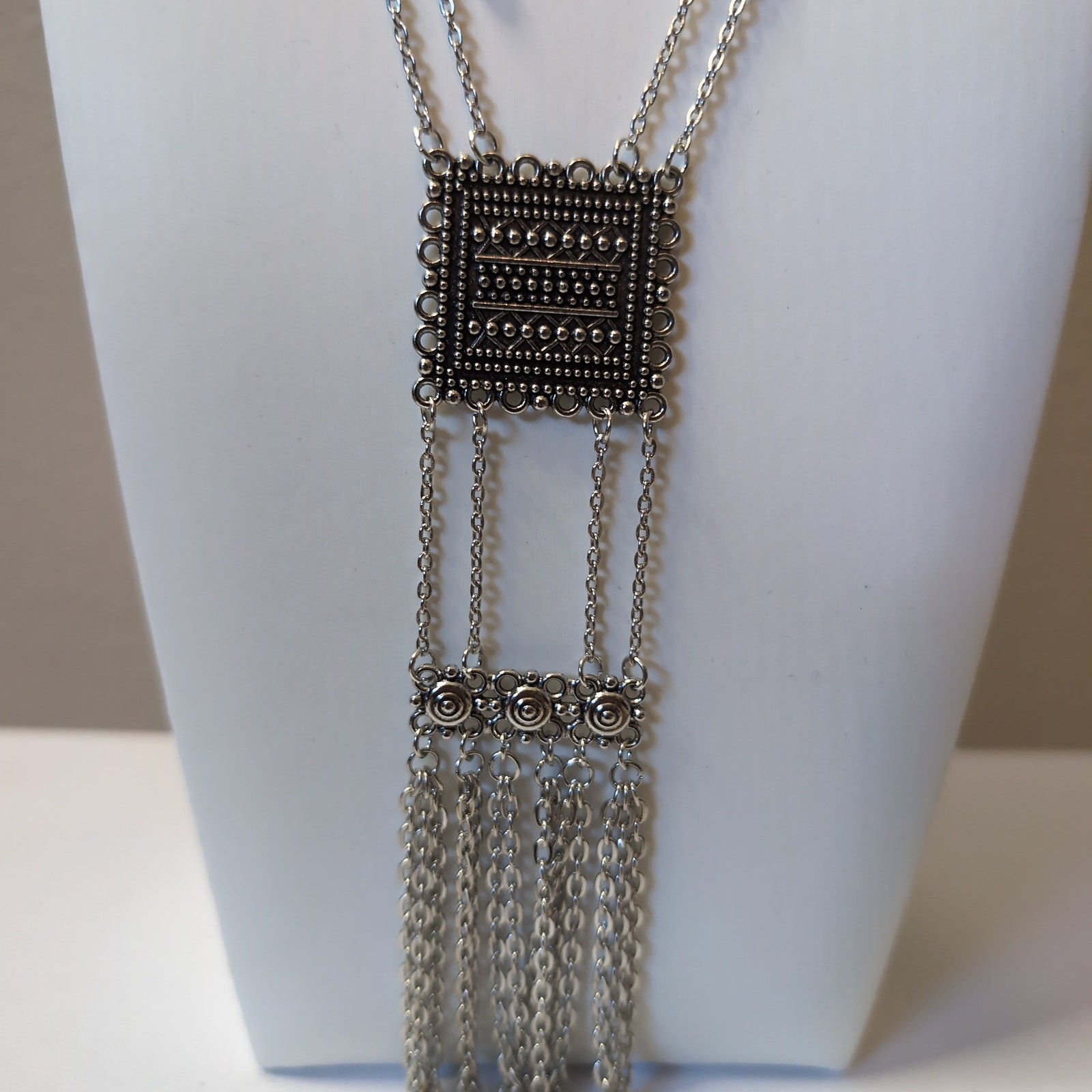 Silver Textured Square Pendant Fringe Necklace