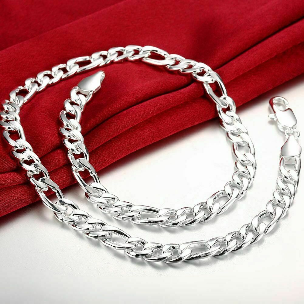 18″ – 24″ Mens 925 Sterling Silver 12mm Width Figaro Cuban Link Chain Necklace