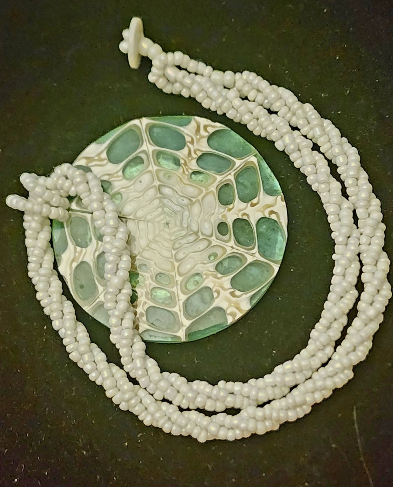 Mosaic Shell Pendant Necklace Plus Matching Stretch Bracelet 18″ 2-3/8″ Disk