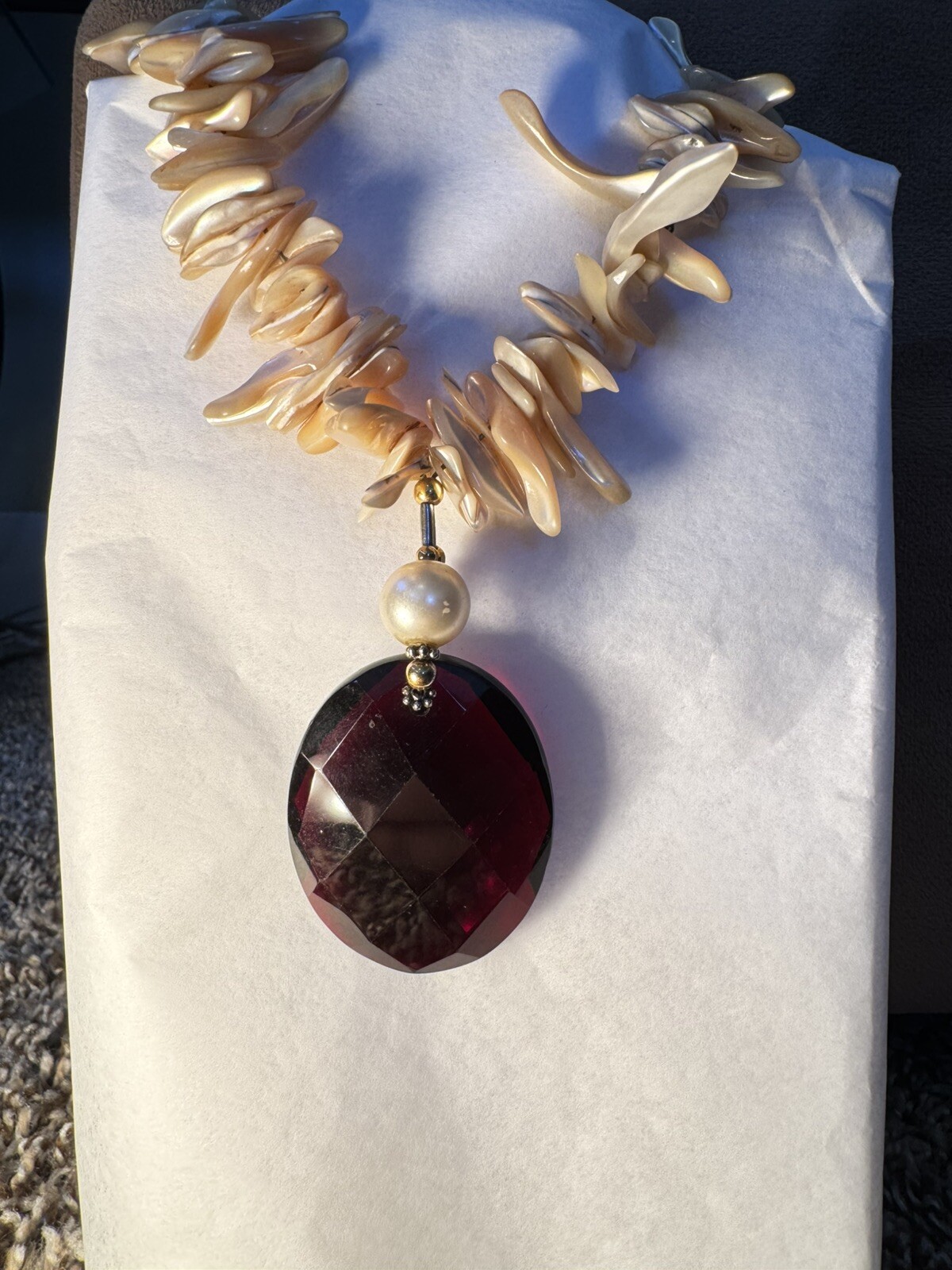 Beautiful Vintage Shell Necklace With Red Bezel Pendant