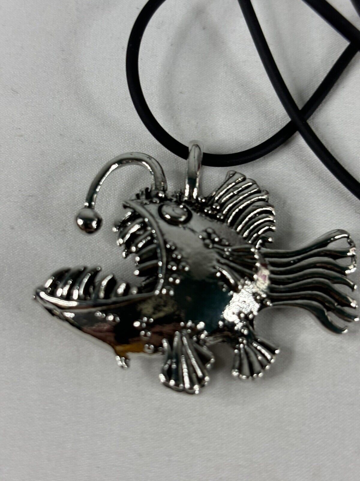 Angler Fish Tiki Necklace Silver Tone Metal Black Cord Surfer Beach Cute