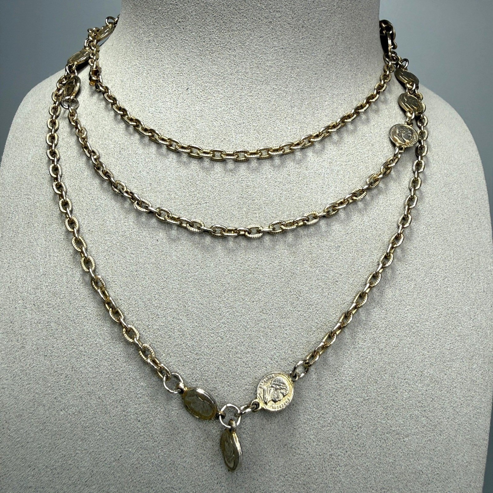 Vintage Two Tone Faux Coin Necklace 50″ Long Flapper Layering