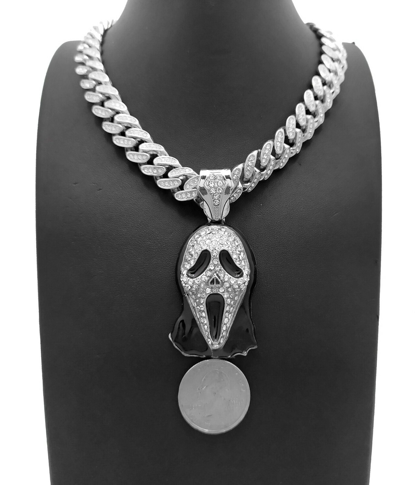 Hip Hop Scream Mask Pendant & 18″ 20″ 24″ Iced Box Lock Cuban Chain Necklace