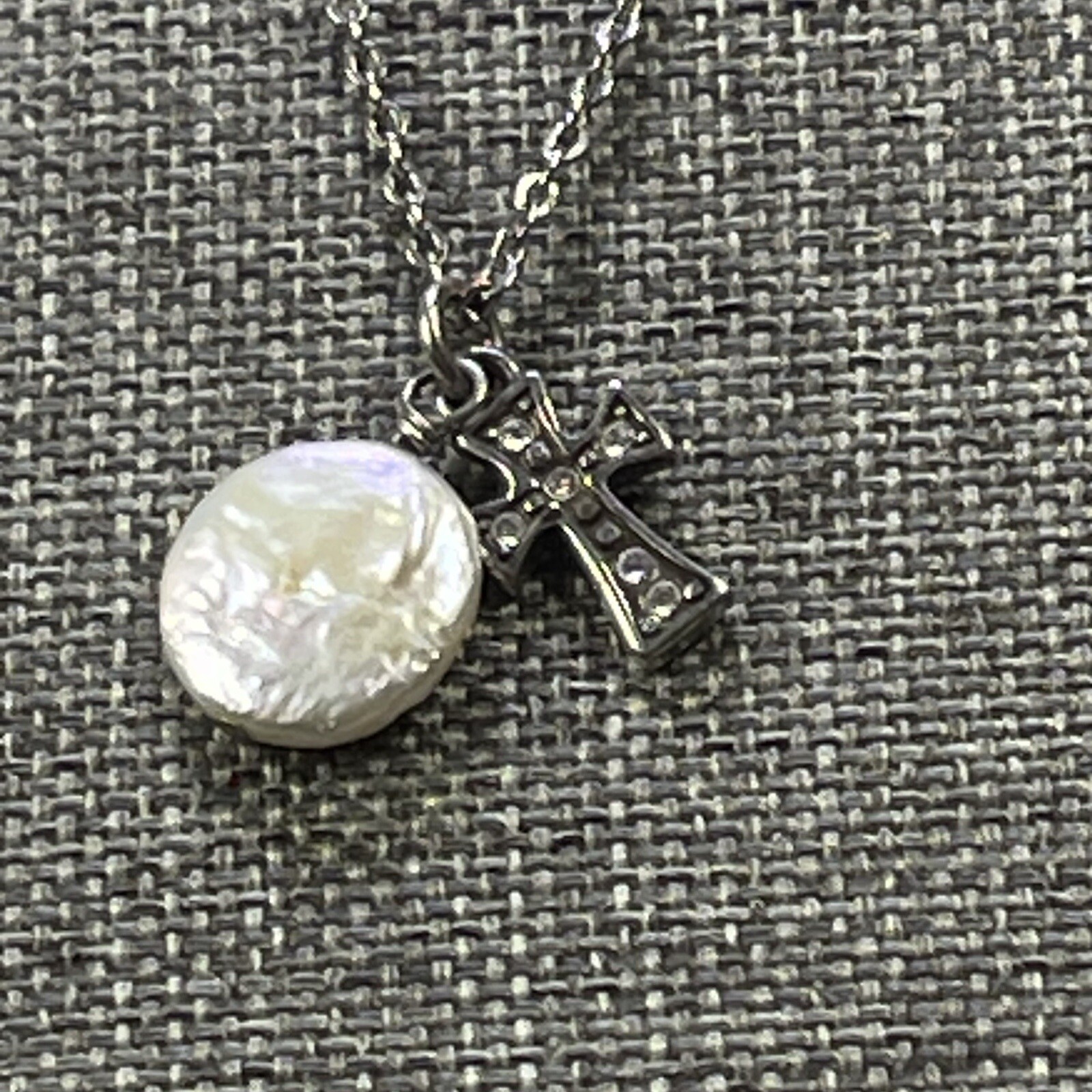 Brighton MARGARITA CROSS Silver Crystal Pearl Disc Pendants Necklace,