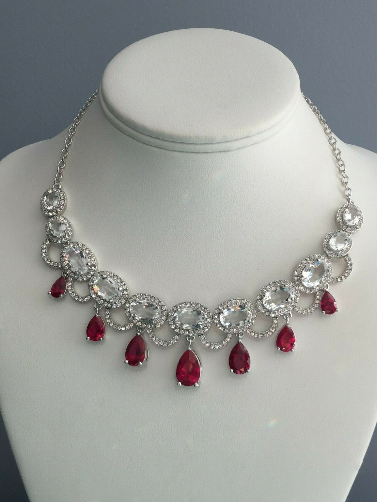 Marilyn Monroe Red & Clear Crystal Necklace Silvertone Plated Brass 17 + 2″
