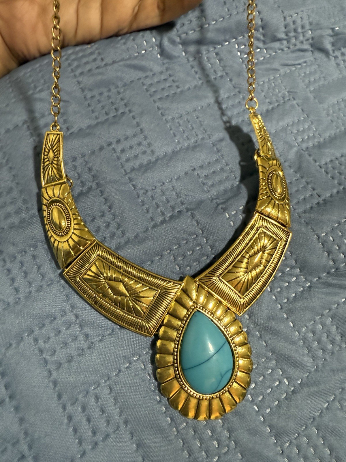 Chunky Gold Necklace Cuff Large Big Wide Costume Blue Statement Choker Jewelry