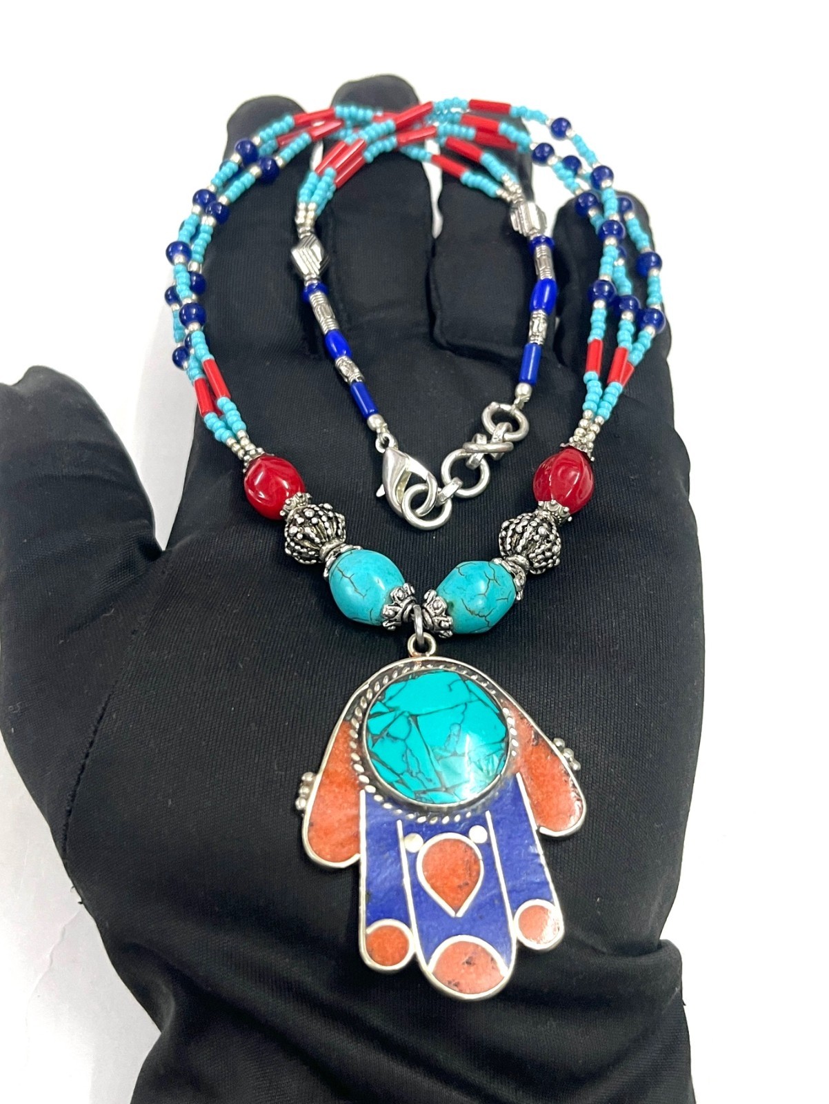 Turquoise Lapis Coral Gemstone Tibetan Pendant Necklace Jewelry, 18 Inc Adjs