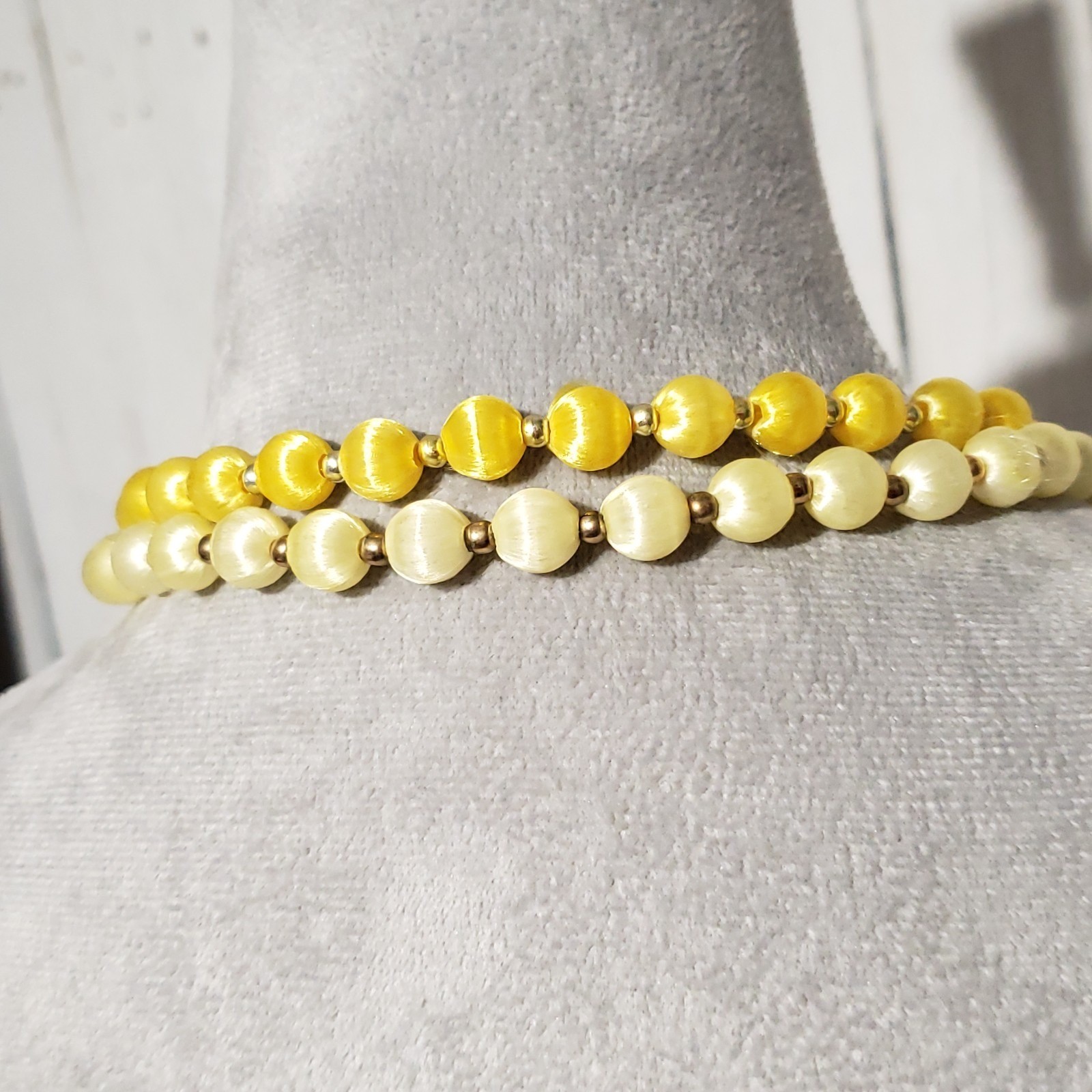 VTG Bead Necklaces Set of 2 Yellow Silk Satin Wrapped Boho Coquette Retro Artsy