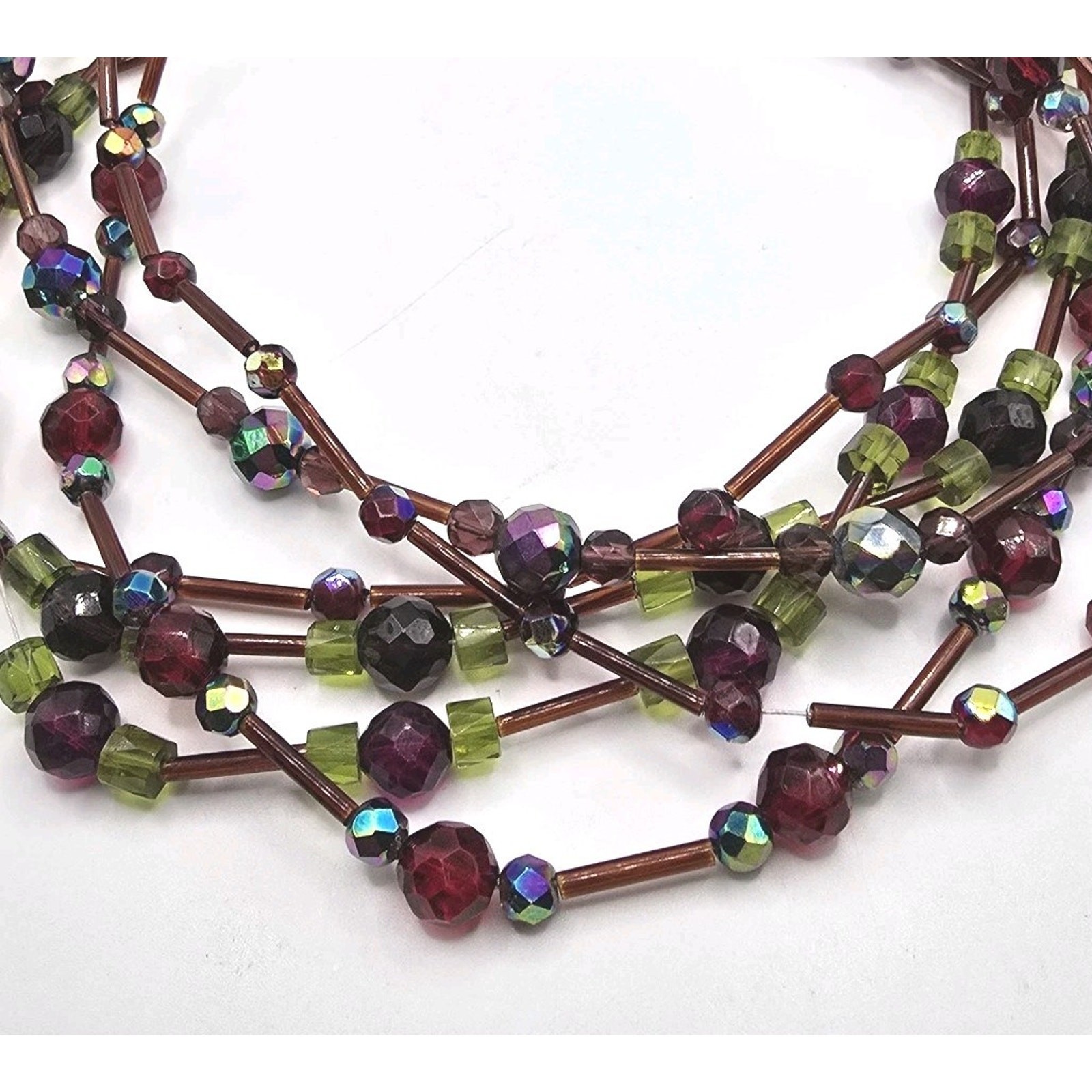 Chico’s Necklace Purple Oil Shimmer Beads Various Shapes Color 16″ 18″ SKU 3233
