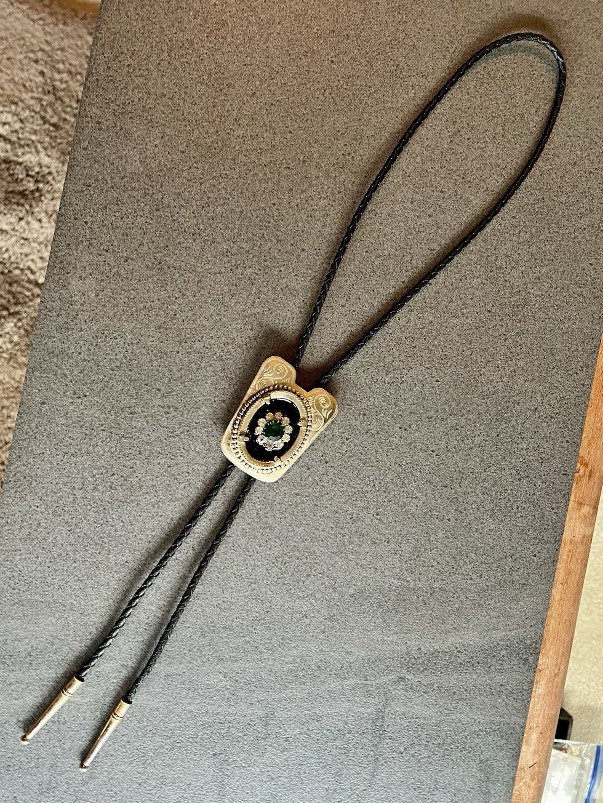 Gold Tone Western Bolo Tie w/ Green Rhinestone and Black Faux Onyx
