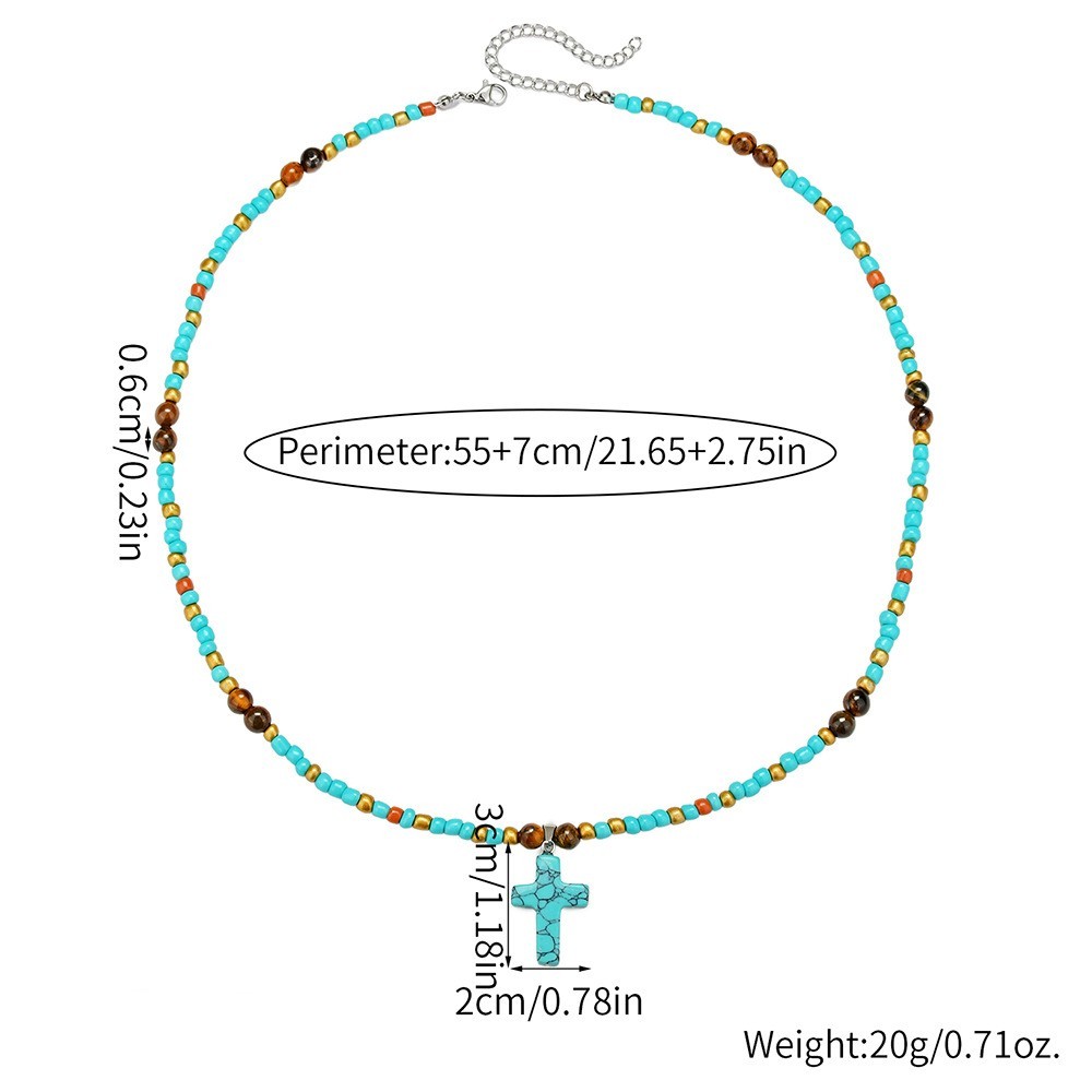 Turquoise Beaded Cross Necklace for Men Handmade Boho Jewelry Adjustable Chain