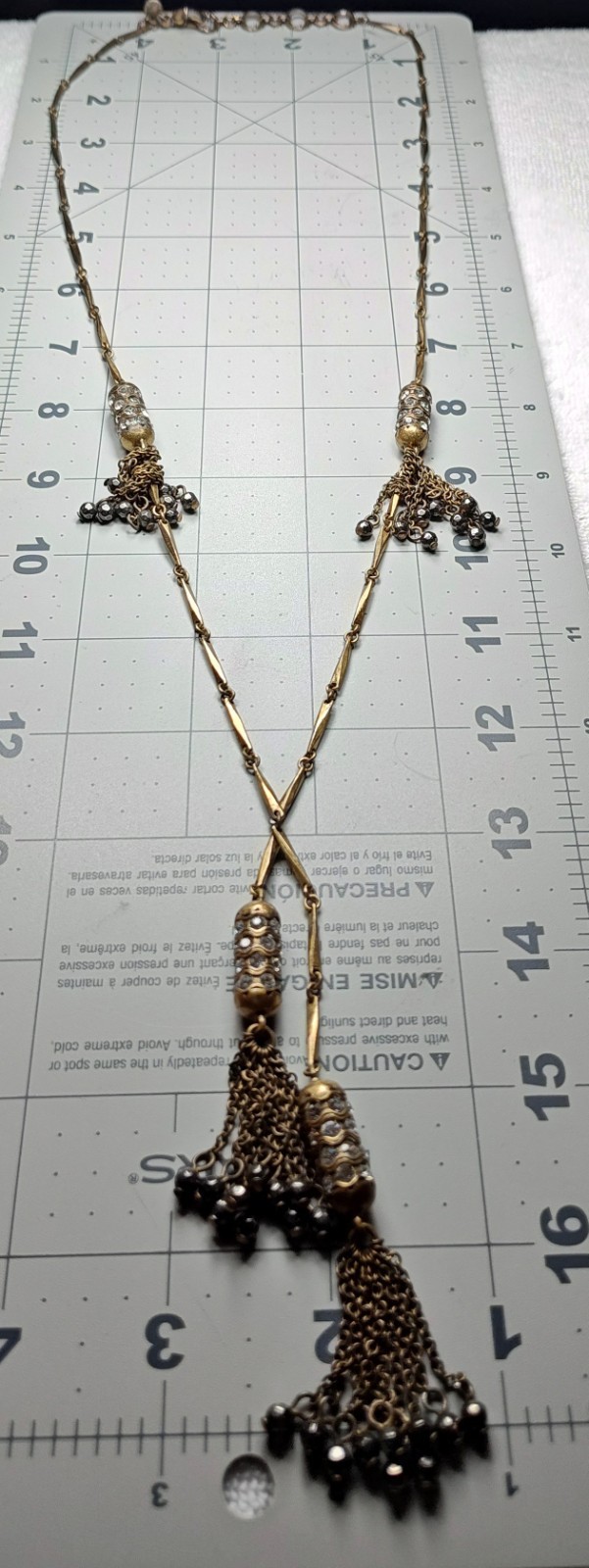 J Crew Brass Crystal Lariat Necklace Black Beads Round Rhinestone Tassel Pendant