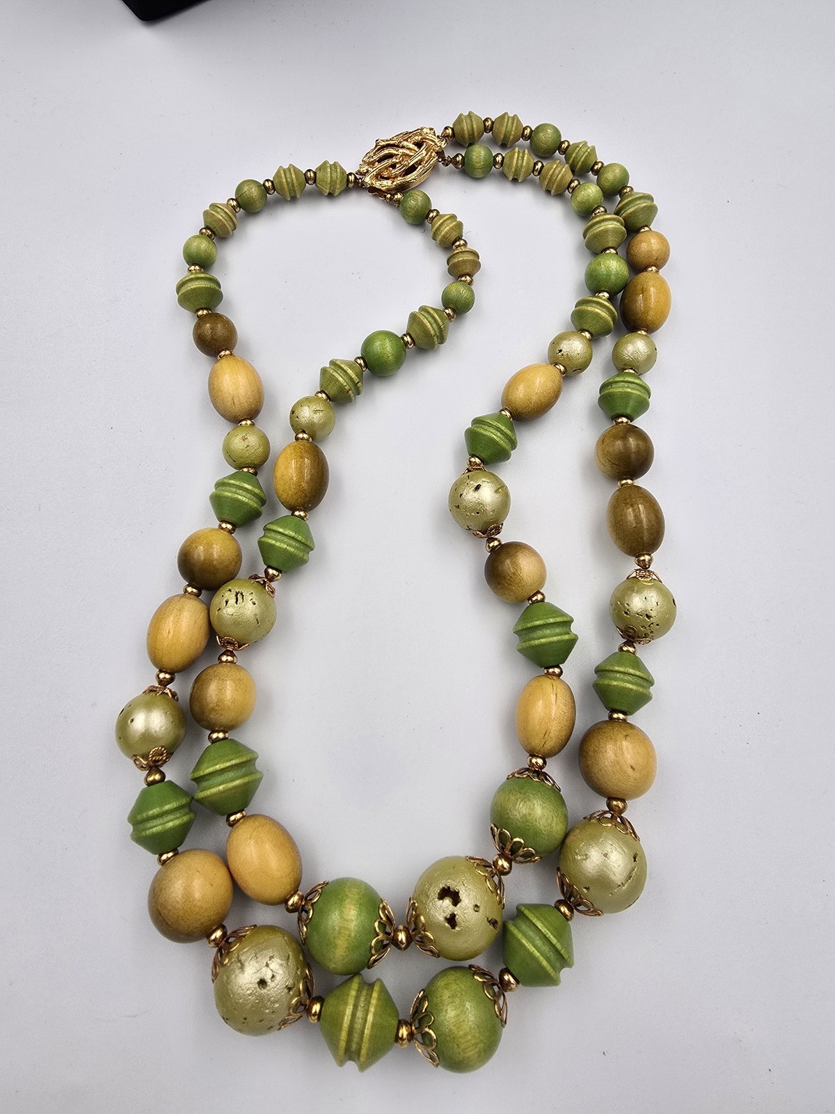 Vintage Double Strand Wood Bead Necklace Green Yellow Gold Tone Clasp