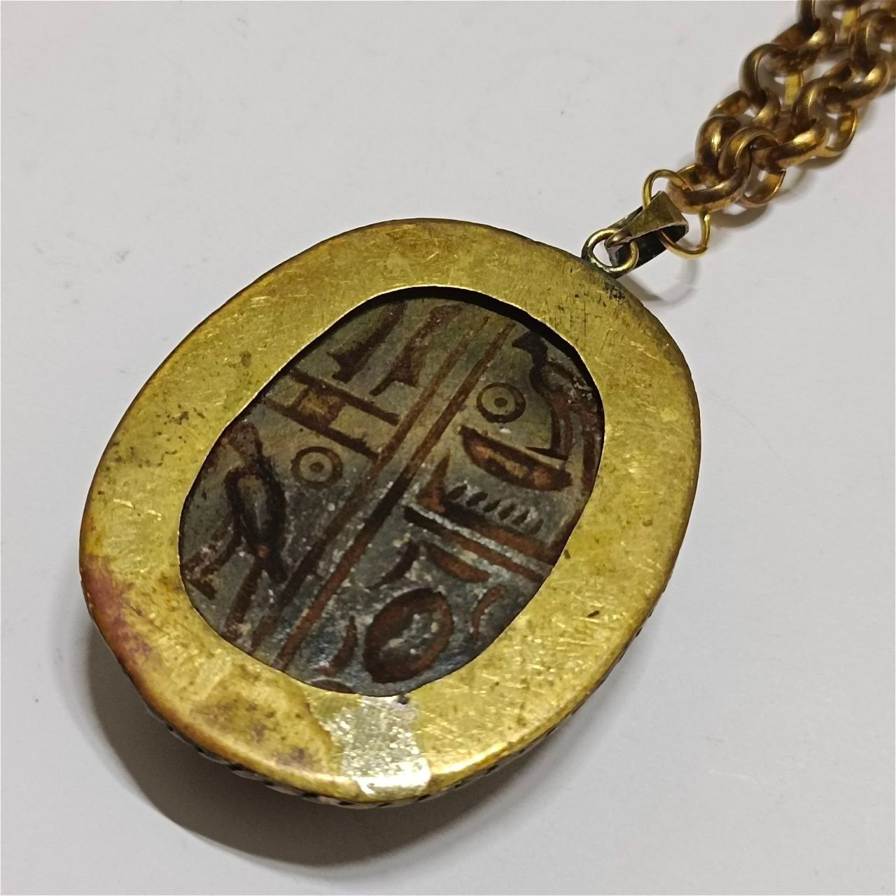 Vintage Brass Scarab Pendant Necklace Blue Inlay Classic Egyptian Style Jewelry