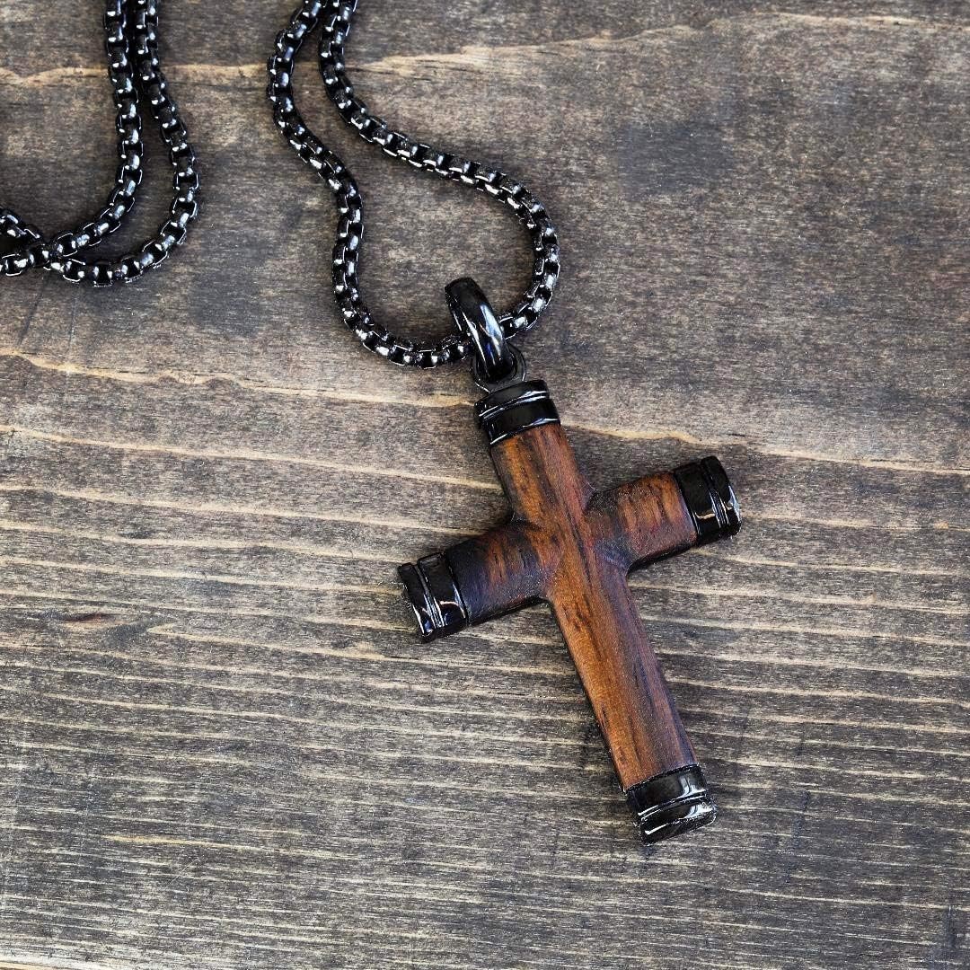 Men’s Black Stainless Steel Cross Pendant Necklace with Santos Wood Inlay | 24″