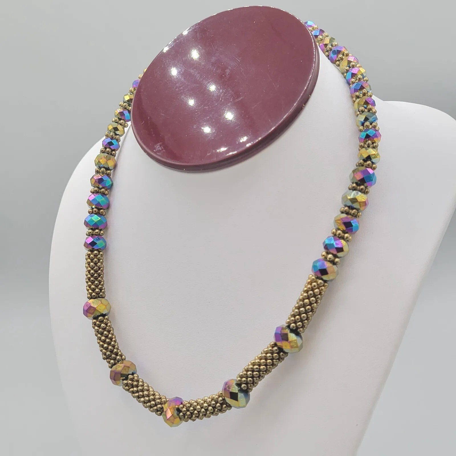 Womens Jewelry Gold Tone Mesh Chain Fashion Necklace AB Multicolor Beads 15 in
