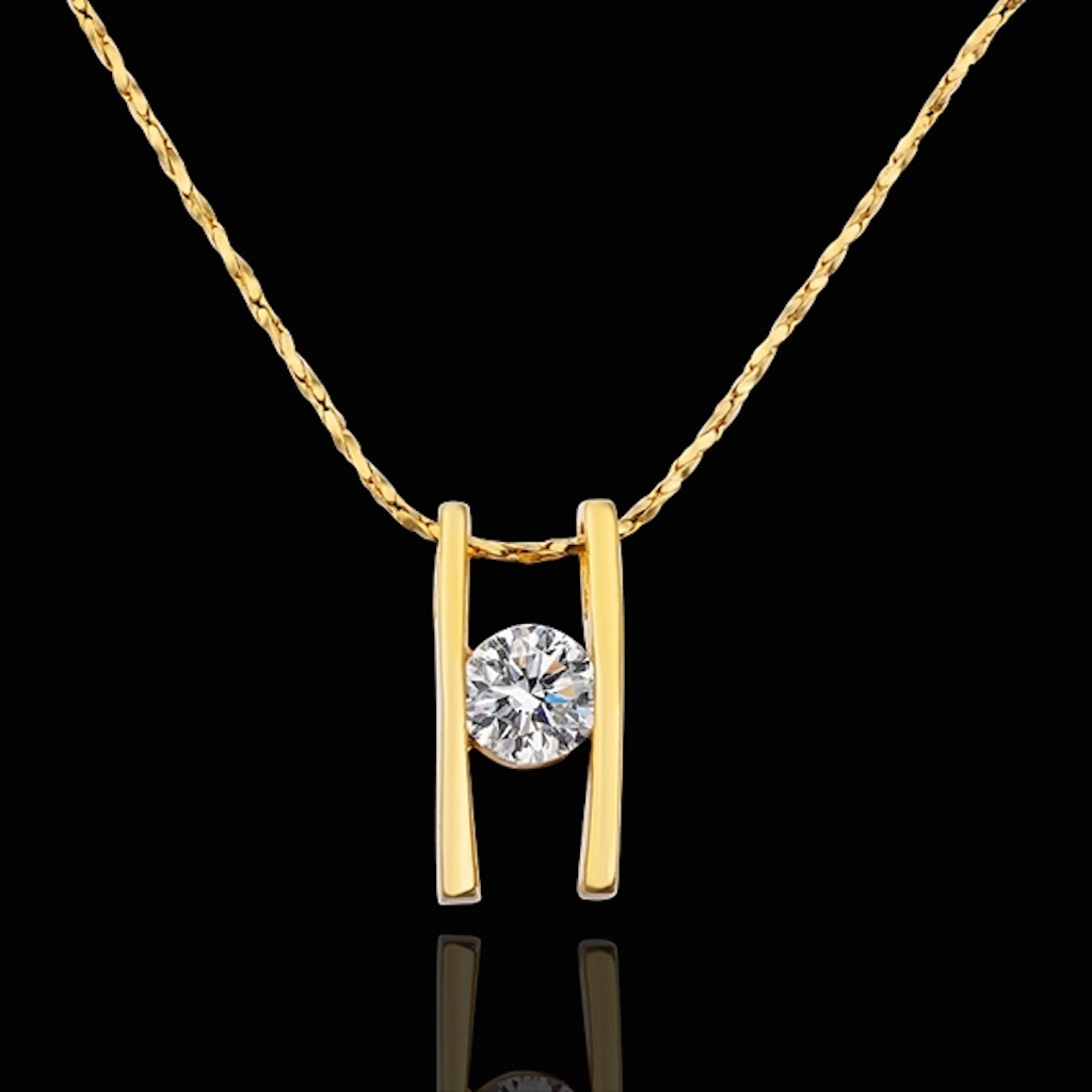 18K Gold Plated Necklace Pendant Zirconia 20 Inches 1MM Lobster B74