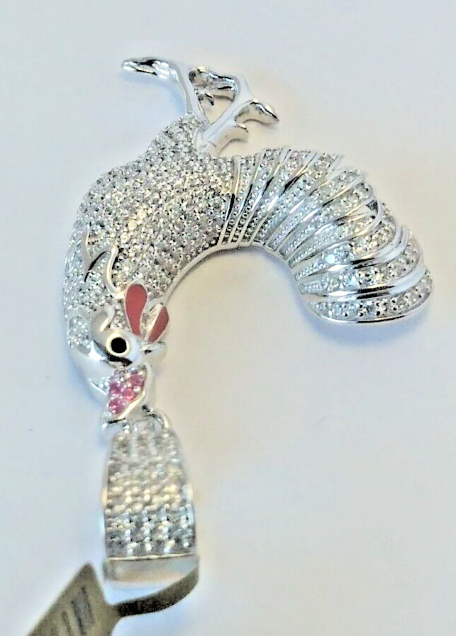 925 Sterling Silver Pendant LARGE Iced ROOSTER CHICKEN cubic zirconia CZ 48X26MM