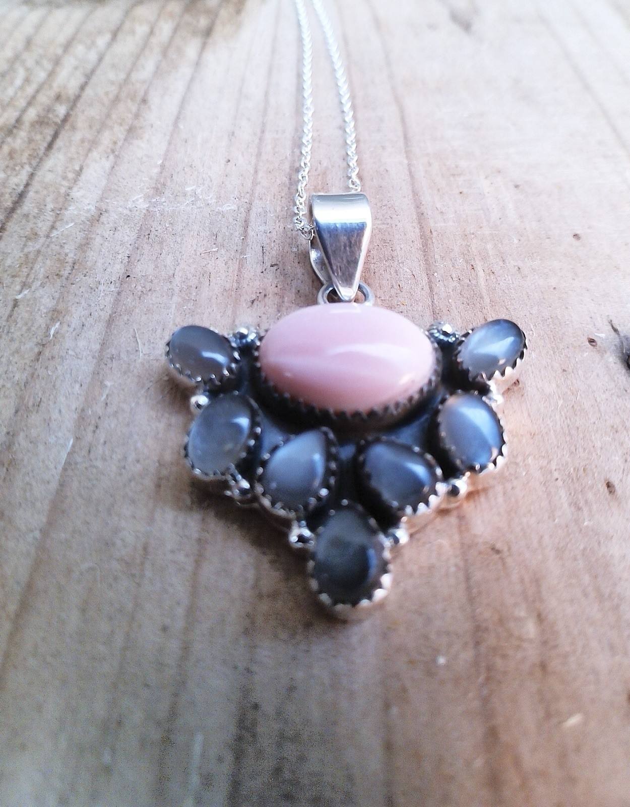 Genuine Queen Pink Conch & Moonstone Pendant with 925 Sterling Silver Chain