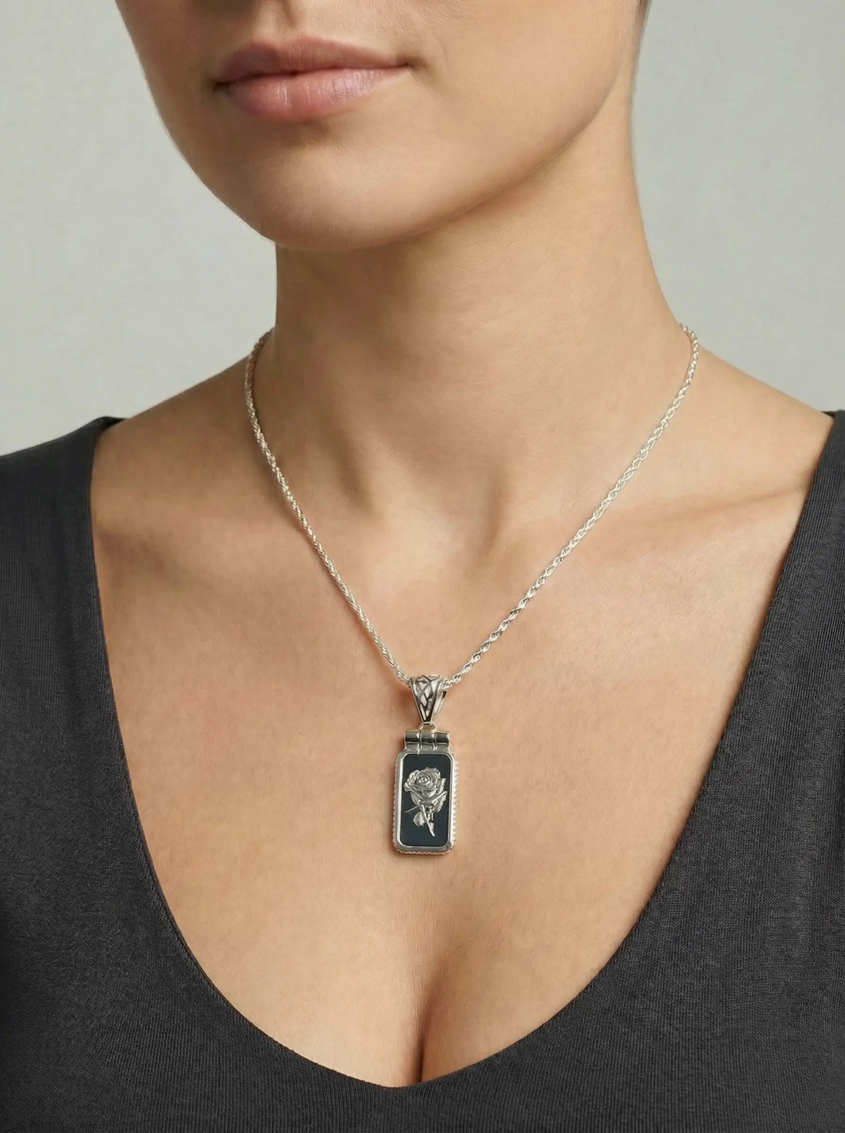 1 Gram .999 Fine Silver Rose Flower Bar Pendant in Sterling Silver Bezel & Chain