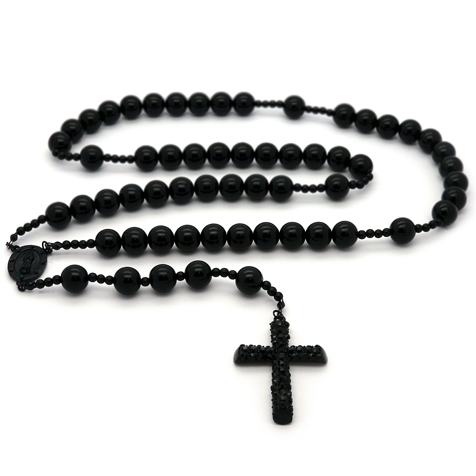 Men’s Hip Hop 15mm BLACK Beads Cubic-Zirconia Guadalupe Rosary & Jesus Cross BK