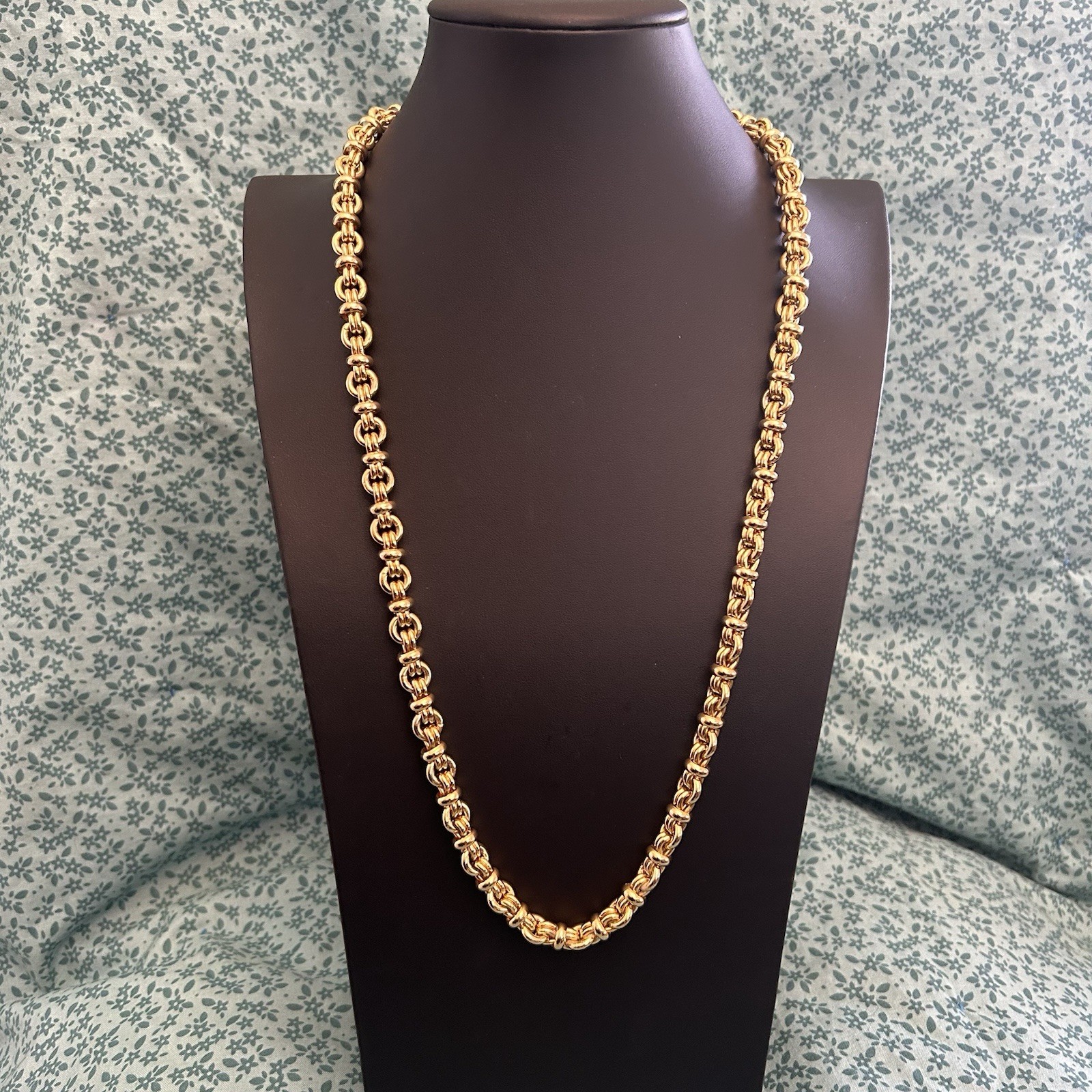 Gold Tone Byzantine Chain Necklace, Spring Ring Clasp, No Stone