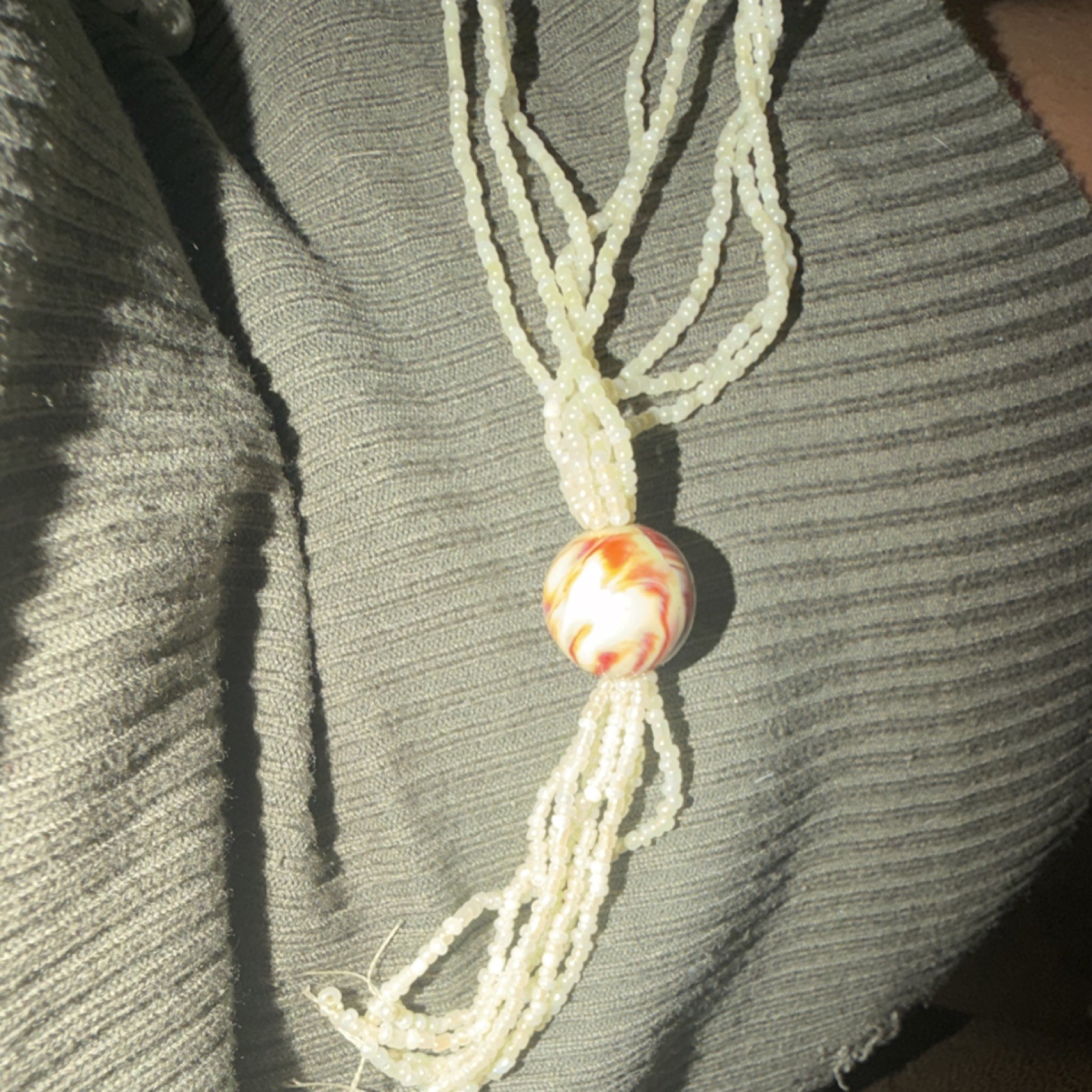 Multi-Strand Layered White Glass Beaded Necklace w/ Round Focal & Barrel Clasp