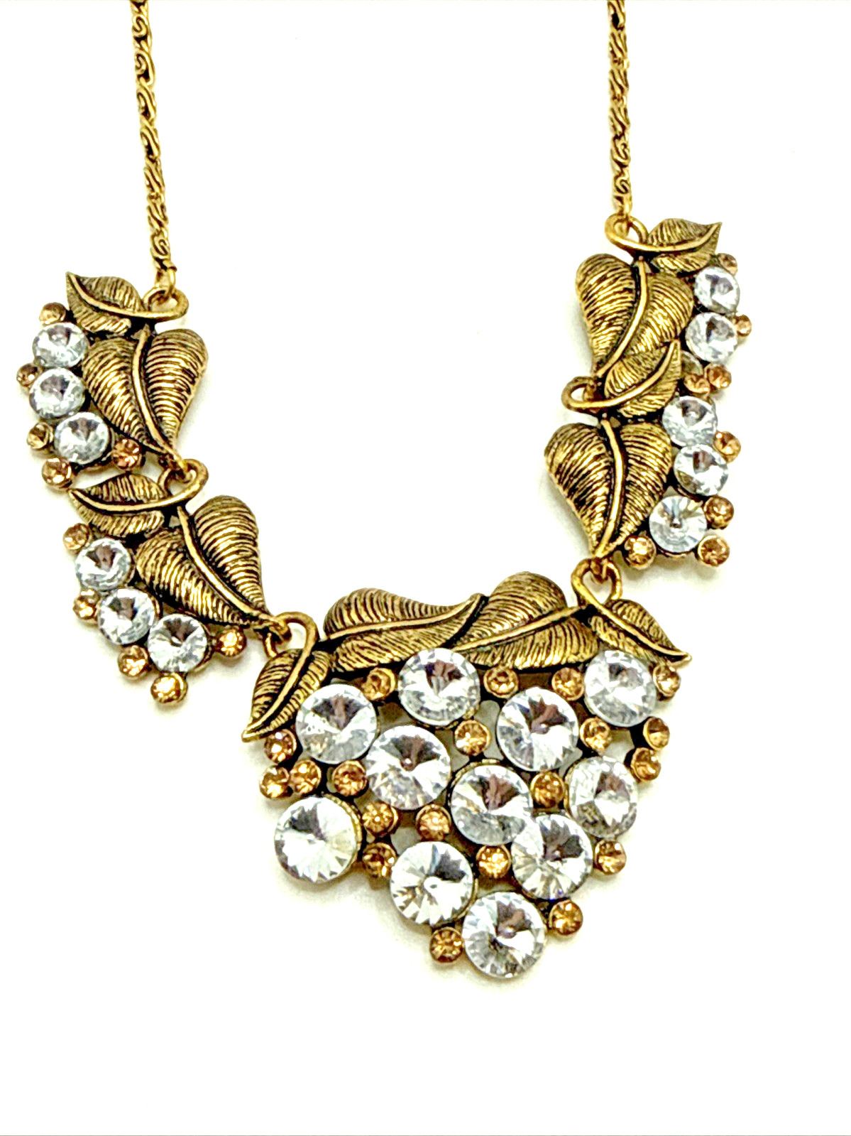 Clear Crystal Cluster Floral Bib Necklace Gold Tone Rivoli Rhinestone Statement
